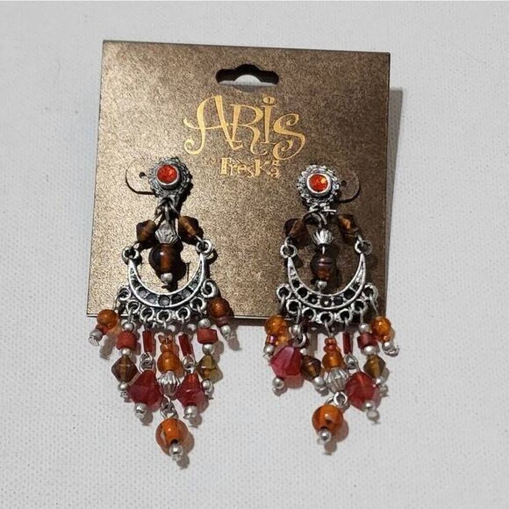Aris by Treska Boho Beaded Chandelier Earrings Silver Tone Orange Red Moon‎ Drop